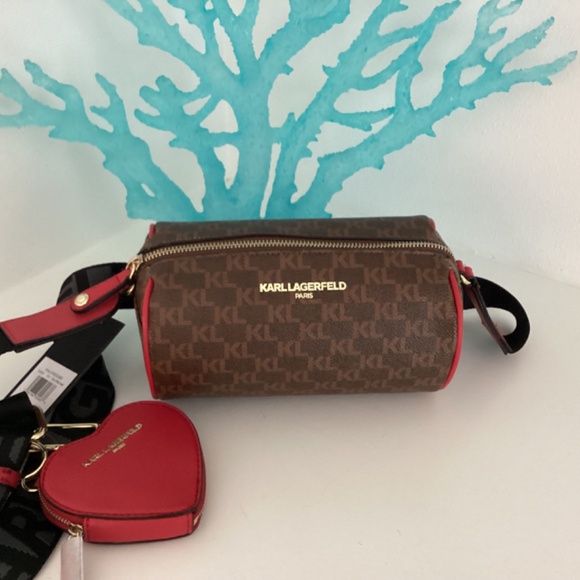 NWT KARL LAGERFELD CROSSBODY BROWN LOGO BAG W RED HEART COIN PURSE - Picture 7 of 13